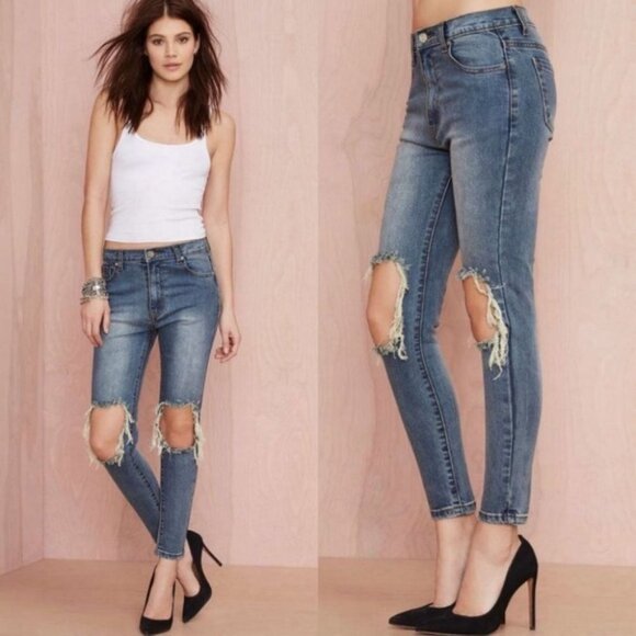 UNIF Peach Pit Skinny Jeans Busted Knees Size 25 Denim Distressed Blue High Rise - Picture 1 of 15